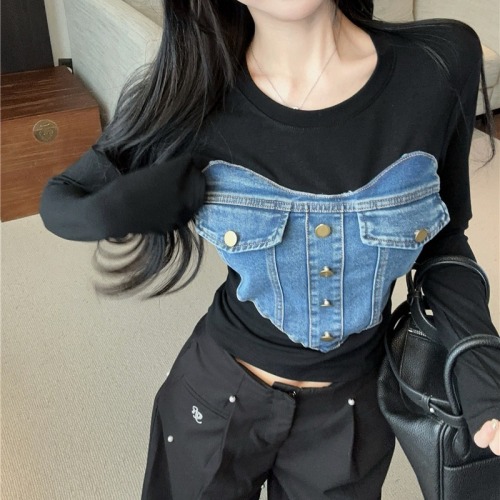 Actual shot~Autumn new Korean version of love heavy industry denim splicing long-sleeved T-shirt hot girl short top for women