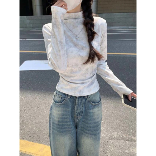 Tie-dyed semi-turtle collar German velvet bottoming shirt for women in spring, autumn and winter with thickened velvet long-sleeved T-shirt to tighten the waist