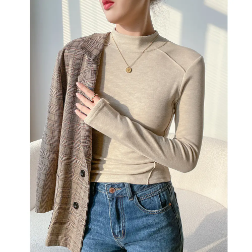 -Original fabric 280g plus velvet half turtleneck stand collar long sleeve T-shirt for women winter fishbone line