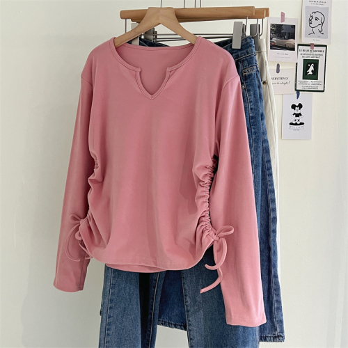 Soft waxy brushed warm autumn and winter design drawstring v-neck long-sleeved T-shirt for women autumn new bottoming shirt slim fit top