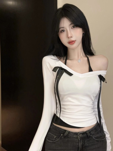 40 count pure cotton bow halterneck fake two-piece spliced ​​V-neck long-sleeved T-shirt bottoming top