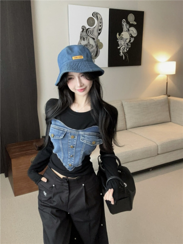 Actual shot~Autumn new Korean version of love heavy industry denim splicing long-sleeved T-shirt hot girl short top for women