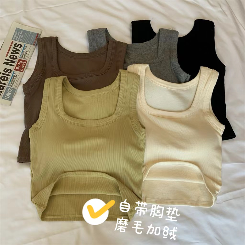 吊帶女復古加絨加厚帶胸墊小背心秋季短款內搭外穿保暖上衣
