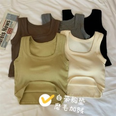 Belted Women's Retro Fleece Thicken Padding Bralette Short V-Neck Top for Autumn Indoor and Outdoor Wear