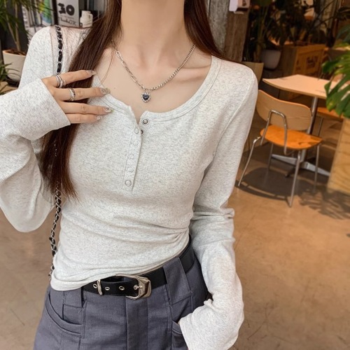 New arrival 40 count pure cotton autumn and winter long-sleeved T-shirt women's slim bottoming shirt solid color buttoned top