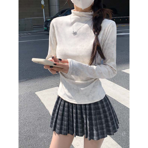 Tie-dyed semi-turtle collar German velvet bottoming shirt for women in spring, autumn and winter with thickened velvet long-sleeved T-shirt to tighten the waist