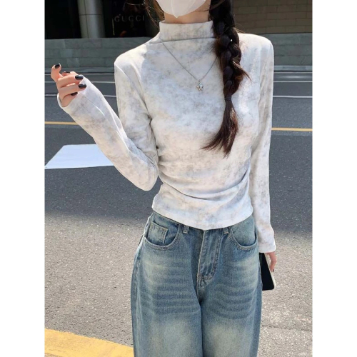 Tie-dyed semi-turtle collar German velvet bottoming shirt for women in spring, autumn and winter with thickened velvet long-sleeved T-shirt to tighten the waist