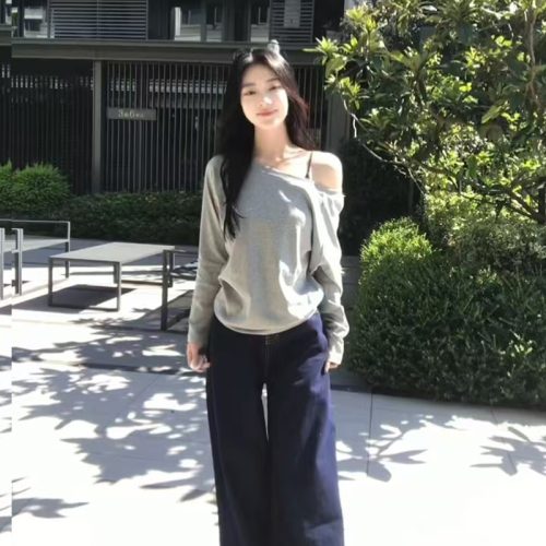 Design niche slant collar off-shoulder long-sleeved T-shirt for women in spring and autumn solid color bottoming shirt Korean style trendy loose top