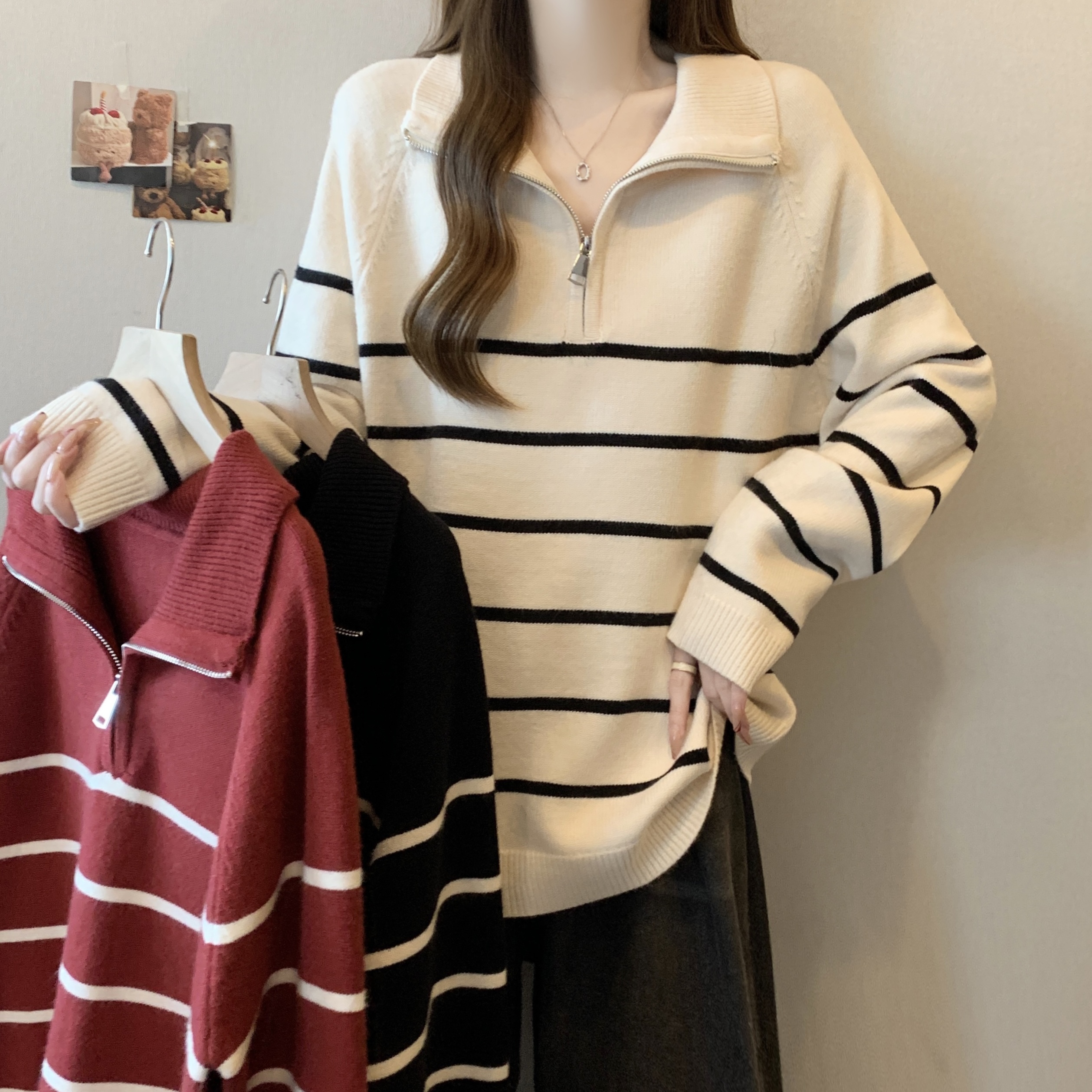 Actual shot ~ fat girl large size lapel striped half-zip sweater loose slimming sweater