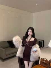 Photographed Noble Diamond-embellished V-neck Dress, Sensual Socialite Elegance, Long Sleeve Bodycon Dress