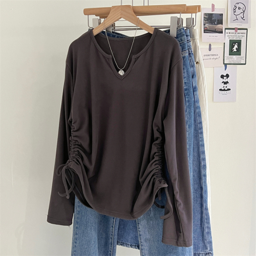 Soft waxy brushed warm autumn and winter design drawstring v-neck long-sleeved T-shirt for women autumn new bottoming shirt slim fit top