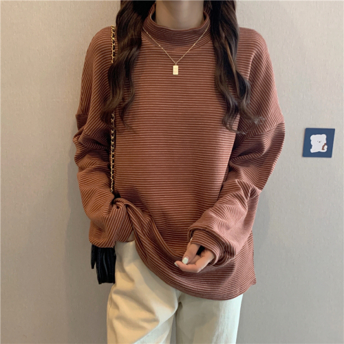 Real shot of autumn and winter half turtleneck loose striped thickened top spring and autumn long-sleeved T-shirt for women ins trend