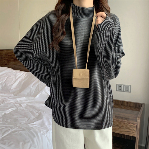 Real shot of autumn and winter half turtleneck loose striped thickened top spring and autumn long-sleeved T-shirt for women ins trend