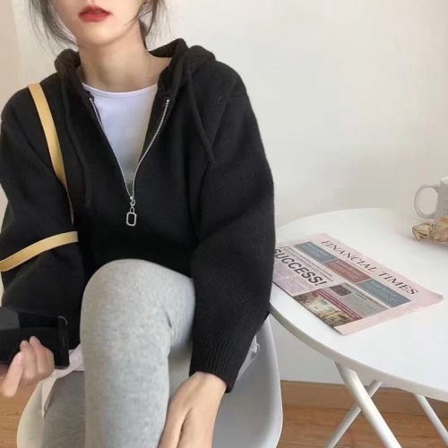 South Korea's Dongdaemun design zipper hooded knitted sweatshirt hoodie fashionable sweater cardigan jacket for women loose