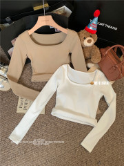 實拍~秋冬方領多巴胺德絨保暖上衣修身帶胸墊長袖打底衣