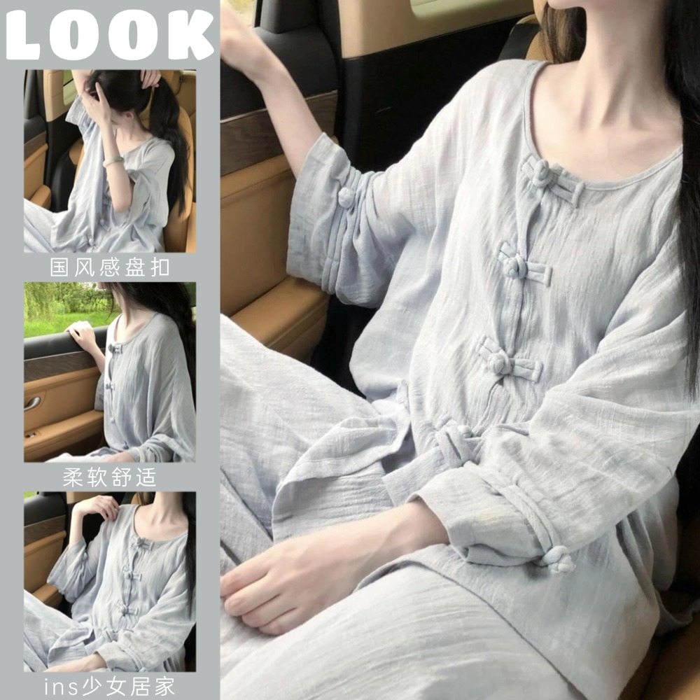 National style niche high-end buckle pajamas for women spring and autumn new skin-friendly long-sleeved trousers student home wear set