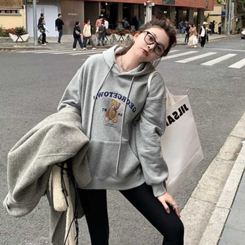 Bear gray hooded velvet thickened sweatshirt for women in autumn and winter small American style oversize loose lazy top