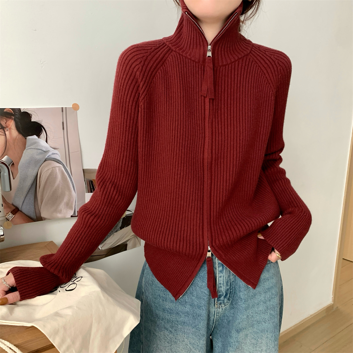 Actual shot of autumn and winter Korean style loose raglan double zipper turtleneck Andy velvet sweater long-sleeved sweater jacket