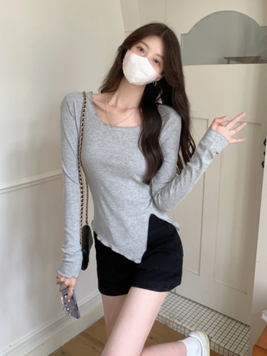 Real shot of rayon cut as you like 2024 autumn long-sleeved T-shirt for women with lotus leaf collar solid color slit