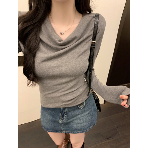 Actual shot 1*1 thread 270g swing collar top women's one shoulder long sleeve T-shirt slim fit lazy bottoming shirt