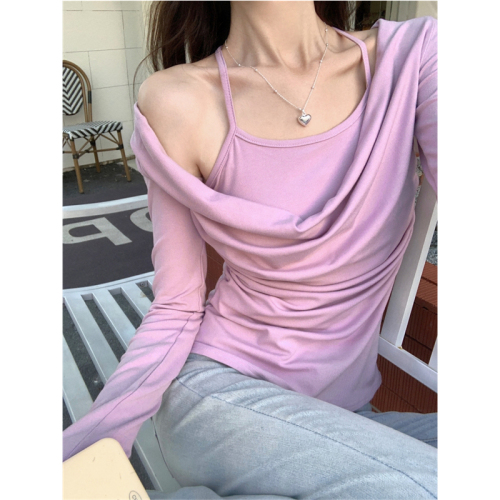 Real shot 1*1 thread 270g 2024 autumn and winter wear brushed thickened long-sleeved T-shirt women's bottoming shirt fake two pieces