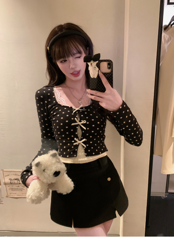 Black Polka Dot Hollow Long Sleeve T-Shirt Women's Autumn Short Bottoming Top