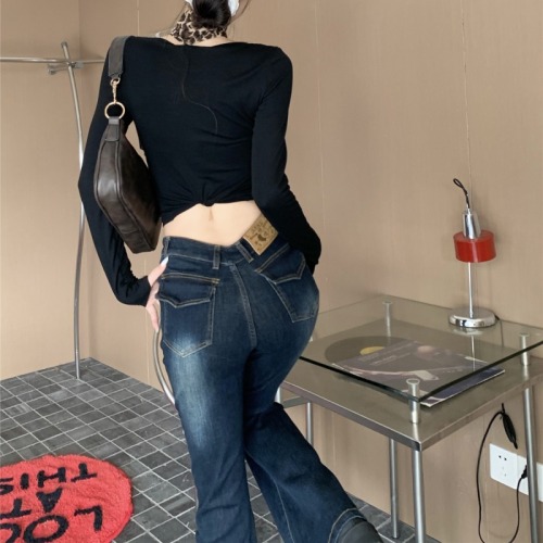 Real shot!  Retro bootcut jeans for women's legs, washed, nostalgic hottie's V-waist slimming stretch bell-bottom pants