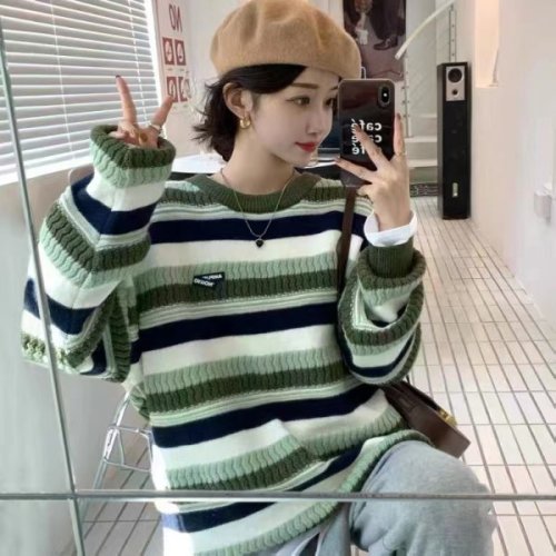 Striped sweater autumn and winter new design retro thickened loose mid-length long-sleeved sweater women's top