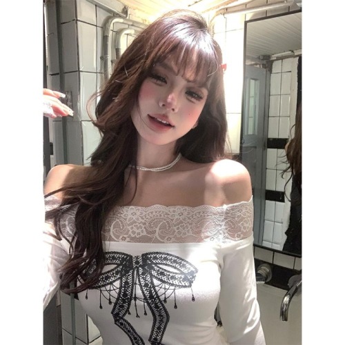 Plus 260g rayon fleece American lace one-shoulder sweet spicy T-shirt women's autumn and winter long-sleeved slim waist top