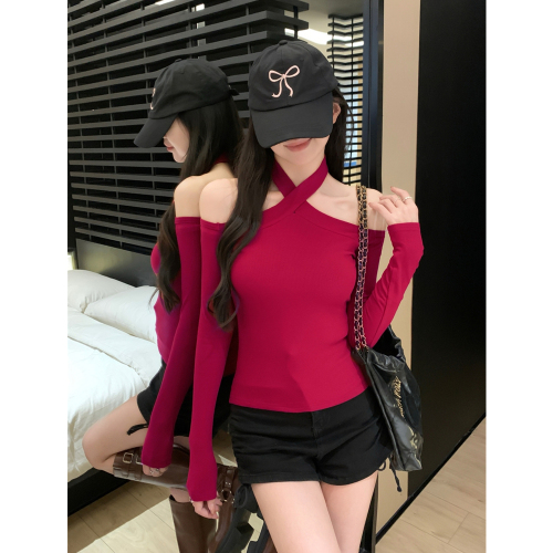 Real shot 2*2 thread 2024 autumn and winter clothing with multiple ways to wear hot girl long-sleeved T-shirt women's slim fit