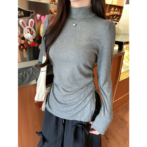 Real shot of rayon cut as you like 2024 autumn long-sleeved T-shirt women's half turtleneck slit top bottoming shirt