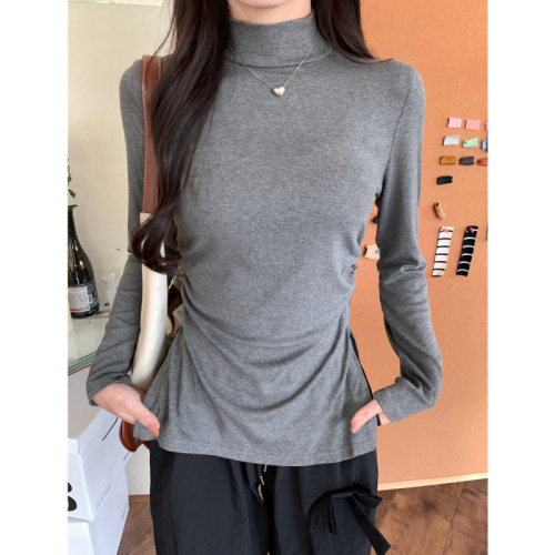 Real shot of rayon cut as you like 2024 autumn long-sleeved T-shirt women's half turtleneck slit top bottoming shirt