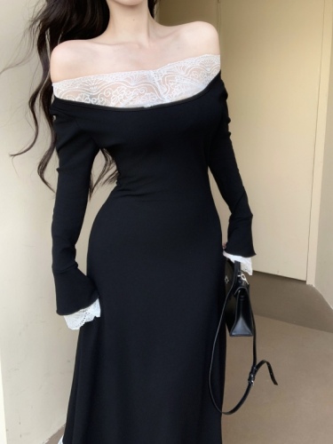 Real shot!  Sexy one-shoulder long-sleeved dress for women in autumn and winter, high-end, slim and slim long skirt