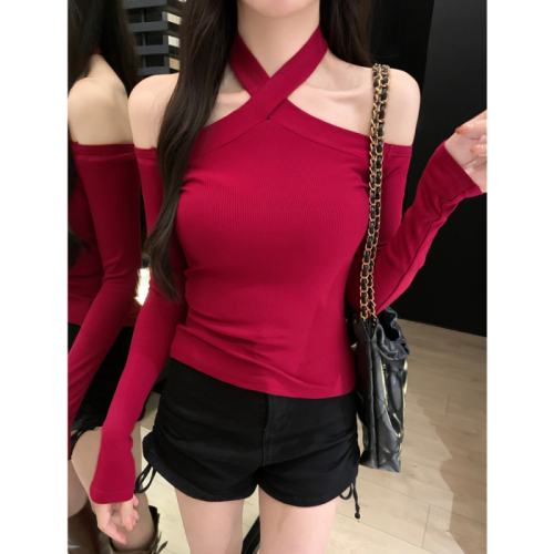 Real shot 2*2 thread 2024 autumn and winter clothing with multiple ways to wear hot girl long-sleeved T-shirt women's slim fit