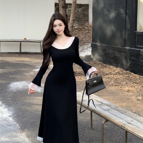 Real shot!  Sexy one-shoulder long-sleeved dress for women in autumn and winter, high-end, slim and slim long skirt