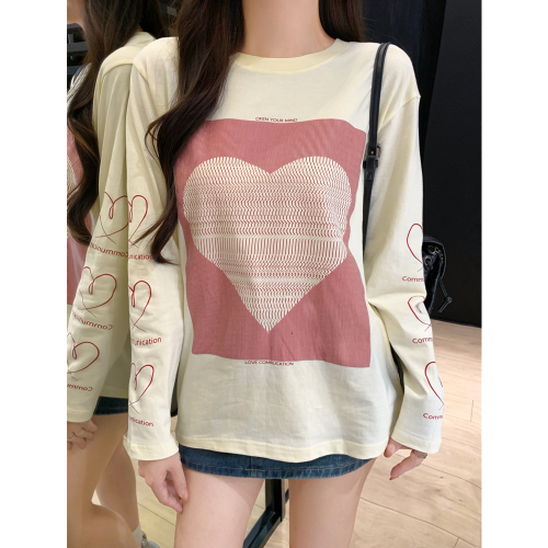 Real shot 210g pure cotton 100% cotton 2024 autumn long-sleeved T-shirt women's printed Hong Kong style top