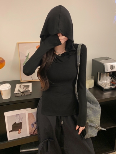 Real shot of rayon cut as you like 2024 autumn long-sleeved T-shirt women's hooded slim-fit bottoming inner wear