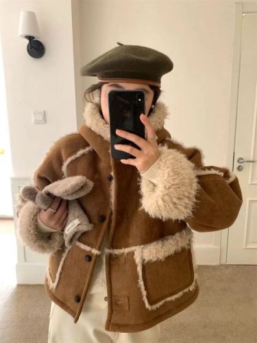 Cup of Ice American Style Hooded Lamb Wool Jacket Women's Winter Loose Warm Thickened Fur One-piece Small Top