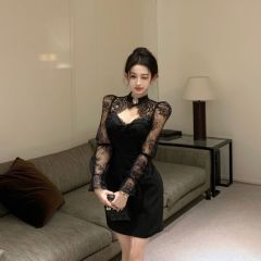 實拍~新款~2024秋冬氣質顯瘦性感收腰拼接輕奢長袖連衣裙