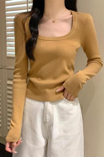 Actual shot of autumn and winter Korean style square collar versatile slim-fit Andy velvet temperament sweater bottoming long-sleeved sweater for women
