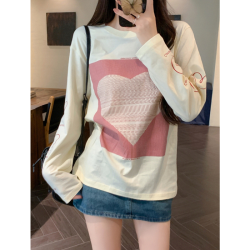 Real shot 210g pure cotton 100% cotton 2024 autumn long-sleeved T-shirt women's printed Hong Kong style top