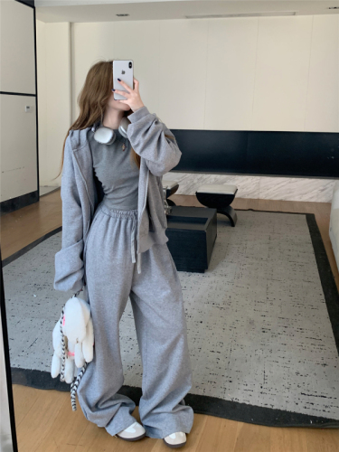 Real shot!  Autumn new Korean style fashionable sports hooded sweatshirt lazy casual versatile three-piece set for women