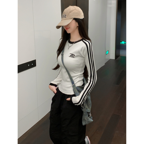 Real shot 2*2 thread 2024 autumn and winter wear brushed long-sleeved T-shirt women's bottoming shirt striped embroidered letters