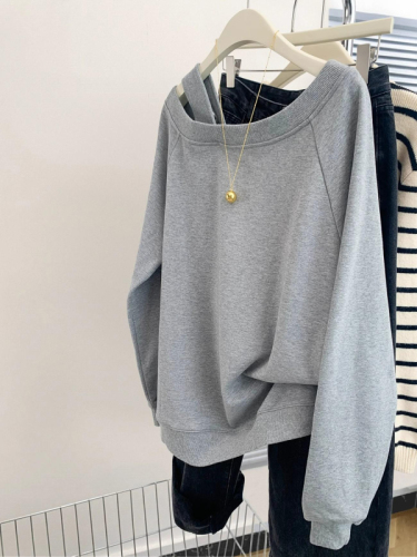 Thin velvet American gray off-shoulder sweatshirt for women plus size autumn and winter for little people lazy off-shoulder