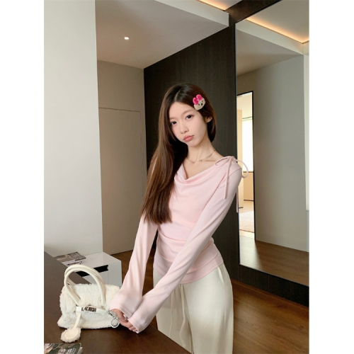 Gentle sweet girl style bow tie long-sleeved T-shirt women's autumn slim slim pink top