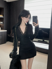 Shot Lace Splicing V-Neck Long-Sleeve Women's Fitted Pleated Waist-Trimming Elegant Pure Desire Full-Hips Dress