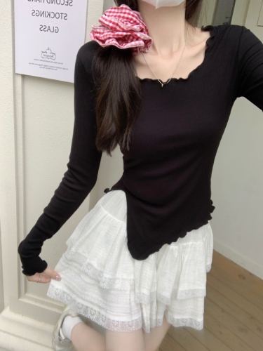 Real shot of rayon cut as you like 2024 autumn long-sleeved T-shirt for women with lotus leaf collar solid color slit