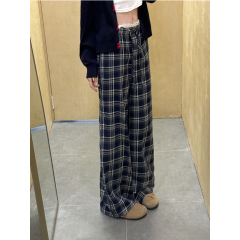 3D waistband spring and autumn winter new American style women's 2024 blue lace edge trouser hem wide leg pants