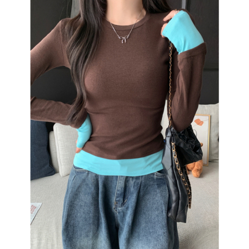 Real shot 1*1 thread 270g 2024 autumn and winter half turtleneck long-sleeved T-shirt for women fake two pieces contrasting color