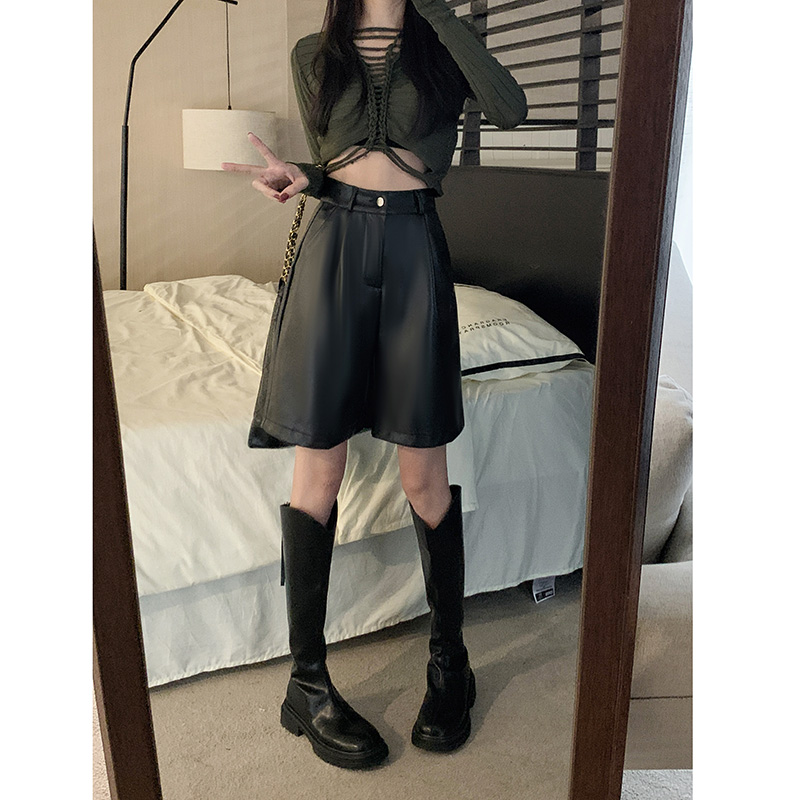 Real shot!  2024 Autumn and Winter Black High Waisted PU Leather Pants Women's Shorts New Loose Slimming Versatile Wide Leg Pants